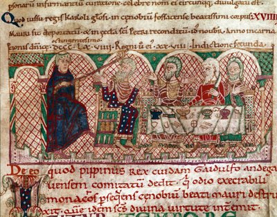 Svatý Maur (512-584), zakladatel kláštera Flanfeuil (Saint Maur) v Anjou, je přijímán u stolu Gaidulfa z Ravenny, pronásledovatele mnichů, a trestá ho Miniatura ze života a zázraky svatého Maura“ (ms 2273) 1100-1140 Městský knihovník od Unknown artist