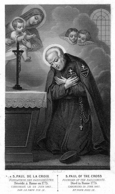 Svatý Pavel od Kříže, zakladatel pasionistů zklamaných v Římě v roce 1775, svatořečen 29. června 1867 papežem Piem IX. Rytina 19. století. od Unknown artist
