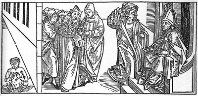 Svatý Severine. Rytina z „Životů svatých – letní část“ (Kniha světce) od Jacoba (Jakuba) z Voragine (1228-1298). Lubeck 1488. od Unknown artist
