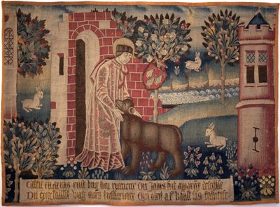 Svatý Vaast a medvěd. Saint Vaast, Saint Vedast nebo Saint Gaston (zemřel v roce 540, eveque a patron Arras a jeho diecéze) krotí zvíře na břehu řeky Crinchon. Gobelín, druhá polovina 15. století. Muzeum výtvarného umění v Arrasu od Unknown artist
