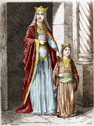 Svatá Bathilde (nebo Batilde, Bathylle, Beaudour) (626-680), královna Franků s Clotaire. Rytina v „History Of France En Cent Paintings od Paula Lehugeura“ 1891 od Unknown artist