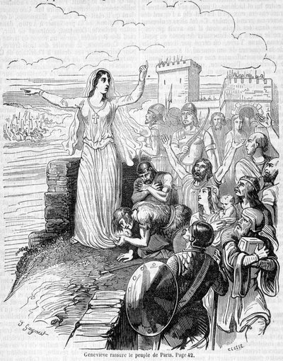 Sainte Geneviève, organizuje obranu Paříže proti hordám Attily a uklidňuje pařížský lid - v „Histoire de France““ od Anquetila od Unknown artist