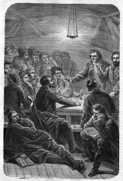 Prodej (Reunion) Carbonari. (Charbonnerie nebo Carboneria, počátek 19. století). Rytina z roku 1864. od Unknown artist