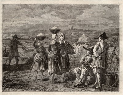 Solné odpařovací jezírko v Bretani - Paludiers a sauniers v Bretani (Francie), solné bažiny - rytina v 