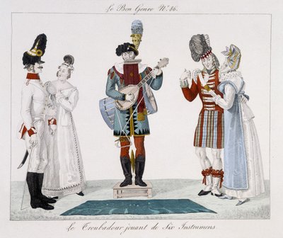 Saltimbanks: Trubadúr hrající na šest nástrojů – v žánru „“Le bon“, deb. 19. století od Unknown artist