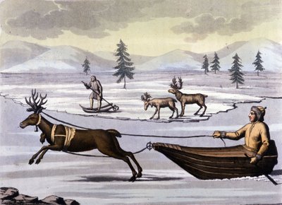Sámové: domorodí obyvatelé žijící v zemích severních zemí (Norsko, Finsko, Švédsko a Rusko) se pohybují na sobích tobogánech nebo na lyžích. Rytina 19. století od Unknown artist