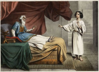 Samuel, který uprostřed noci zaslechne hlas lorda, který ho volá, si myslí, že toto je jeho rádce velekněz Eli (Heli). Anonymní rytina z poloviny 19. století. od Unknown artist