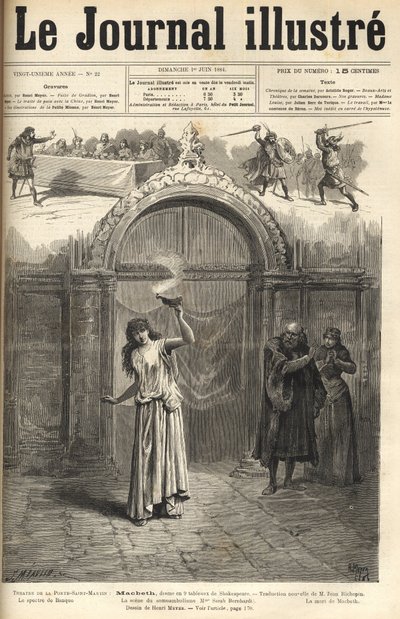 Sarah Bernhardt: Lady Macbeth v „“Macbeth“, drama Shakespeare, adaptace Jean Richepin – Theater de la porte Saint-Martin – rytina v „Le journal illustrious““ z roku 1884 od Unknown artist