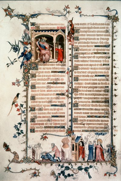Saul vyhrožuje Davidovi, Kain zabíjí Ábela, Alegorie eucharistie a lásky. Breviář z Belleville. 1323-1326. paní Lat. 10483 fol.24v. - Jean Maid. Breviář Belleville od Unknown artist