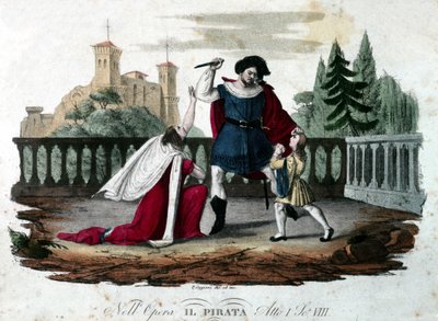 Scéna 8 V. dějství z „“Il pirata““ (Pirát) od Vincenza Belliniho. Barevná rytina z roku 1827. První představení v teatro alla Scala. od Unknown artist