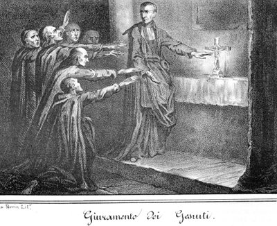 Scéna zobrazující přísahu jezuitů. Rytina z konce 19. století. od Unknown artist