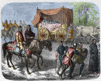 Scéna znázorňující líné krále: Francouzský král Thierry III. (673-691) nese v nádrži s postelí taženou voly. od Unknown artist