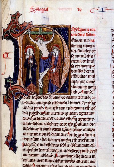 Scéna ukřižování na hlavičkovém papíře (písmeno D). Miniatura v „“ Speculum historiale““ od Vincenta De Beauvais (12. století) od Unknown artist