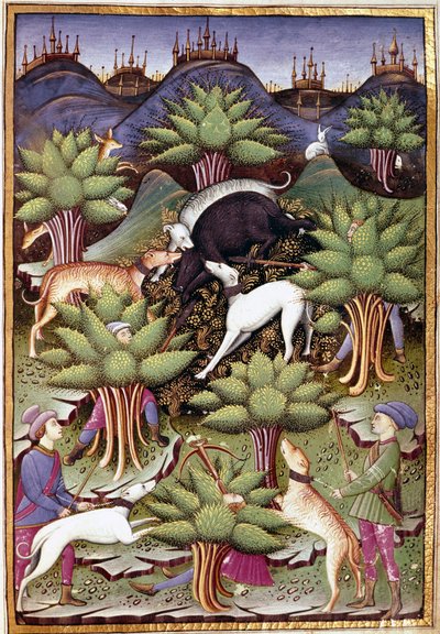 Scéna lovu divokých prasat Miniatura z „“ Ošetřete sokolnictví a venery mottem a emblémem vévody ze Sforzy“ 1459 (ms. 1375) Chantilly, Musee Conde od Unknown artist
