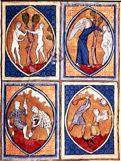Scény z Bible zobrazené v mandorlech. Nahoru Adam a Eva sbírají zakázané ovoce a pak loví z nebe. Tam dole Adam obdělává zemi a Eva dává vlnu, Kain a Ábel. Miniatura z rukopisu ze 13. století. Porto, Městská knihovna od Unknown artist