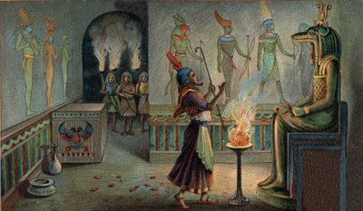 Scény chybějících království: Pohřební obřady v egyptských mauzoleích. Znovuzískající faraon, který ve své funkci velekněze uctívání měl na starosti oběti na počest svých předchůdců, je konkrétně zaměstnán jako důstojník před bohem. od Unknown artist