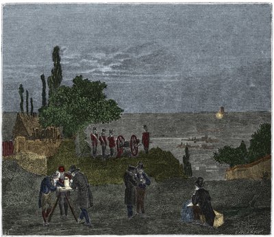 Vědecký experiment: výpočet rychlosti zvuku od Humboldta, Louise-Josepha Gay-Lussace (Louis Joseph Gay Lussac), Bouvarda, Pronyho a Mathieua, který určuje dobu, která uplyne mezi vnímáním světla a výstřelem z pistole, v noci od Unknown artist