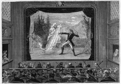 Vědecké pořady: živá spektra. Zažijte spektra na divadelní scéně. Komik bojuje s duchem. Gravírování do ""La Nature"" od Unknown artist