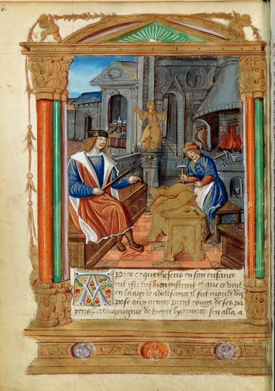 Sochařství: mistr řídí práci svého učedníka, vyřezává orla. Miniatura z „“Roman de Theseus de Cologne et de Godifer““ Paříž 16. století, B.N. od Unknown artist