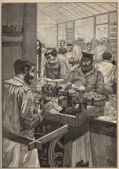 Sea sequim: výroba dýmek z mořského sequimu. Rytina z roku 1885 v „“Les arts et metiers illustres““ od Adolphe BITARDA. od Unknown artist