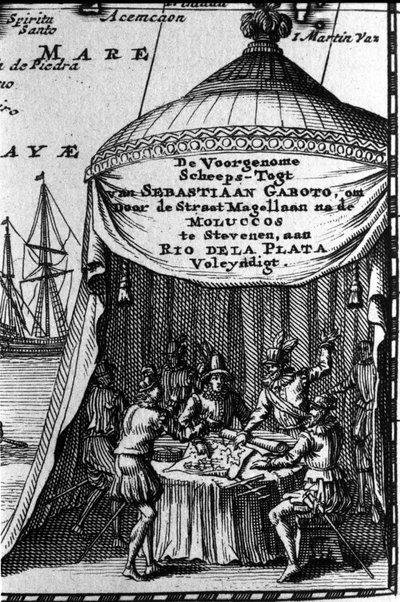 Sebastiano Caboto (Sebastien Cabot) představuje na kazetě navigační mapy s jinými navigátory. Počátek 17. stol. od Unknown artist