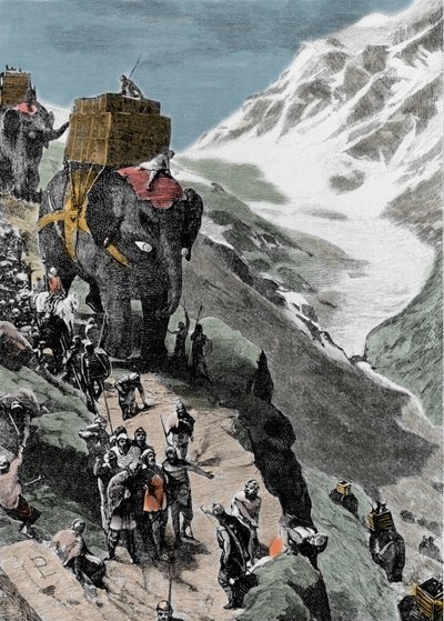 Druhá punská válka. Armáda Hannibala Barcy překračující Alpy, 218 př.nl. Italská rytina 19. století. od Unknown artist
