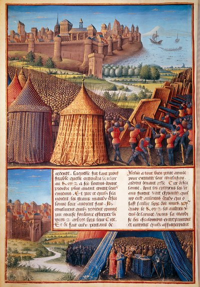 Druhá křížová výprava: pohled na obléhání Ascalonu v roce 1153 Balduinem III. (1131-1162). Miniatura převzata z „Pasáže, které Francouzi udělali v Zámoří proti Turkům a dalším Saracénům a Moures Outremarine“ od Sebastiena Mamerota od Unknown artist
