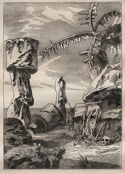 Druhá plavba (1772-1775) kapitána Jamese Cooka (1728-1779): památky Velikonočního ostrova (monumentální sochy, moai) - ilustrace převzata z „“Velcí námořníci 18. století““ od Unknown artist