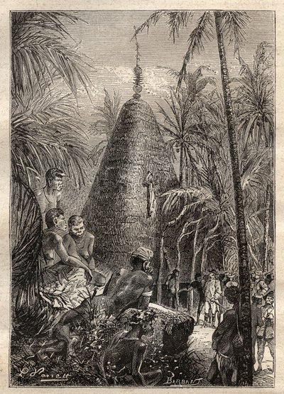 Druhá plavba (1772-1775) kapitána Jamese Cooka (1728-1779): tradiční kruhový dům, na střeše značně vyvýšeného místa (Nová Kaledonie) - ilustrace převzata z „Velkých námořníků 18. století““ od Unknown artist