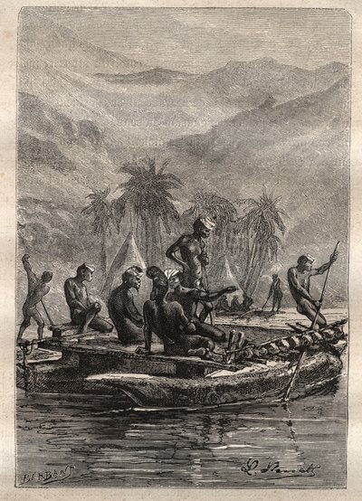 Druhá plavba (1772-1775) kapitána Jamese Cooka (1728-1779): Domorodci měli dostatek sebedůvěry, aby se přiblížili a vyměnili si (Nová Kaledonie) - ilustrace převzata z „Velkých námořníků 18. století“ od Unknown artist