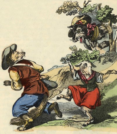 Když mistr Fox uviděl vlka, uprchl a nechal malou Chevrette v nebezpečí. Ilustrace příběhu „Bon medor a malý Chevrette““. V „“ Pohádky z domova pro nejmenší““. Anonymní rytina 19. století. od Unknown artist