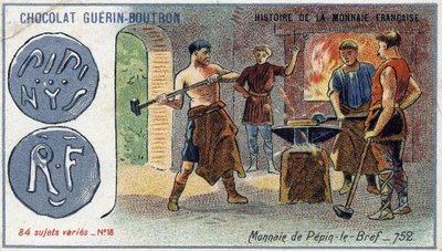 Série Historie francouzské měny nakladatelství Chocolat Guérin Boutron. Chromolitografie 19. století. Pepin měnu brief v roce 752 od Unknown artist