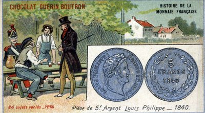 Série Historie francouzské měny nakladatelství Chocolat Guérin Boutron. Chromolitografie 19. století. 5 franková stříbrná mince. Louis Philippe 1st v roce 1840 od Unknown artist