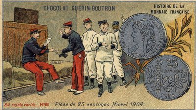 Série Historie francouzské měny nakladatelství Chocolat Guérin Boutron. Chromolitografie 19. století. 25 centová mince. Nikl 1904 od Unknown artist