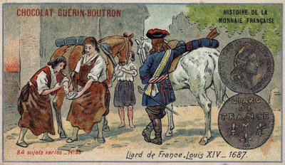 Série Historie francouzské měny nakladatelství Chocolat Guérin Boutron. Chromolitografie 19. století. Liard z Francie. Ludvík XIV v roce 1687 od Unknown artist