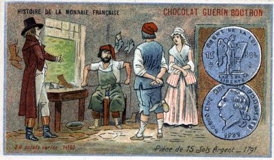 Série Historie francouzské měny nakladatelství Chocolat Guérin Boutron. Chromolitografie 19. století. mince 15 stříbrných půd v roce 1791 od Unknown artist