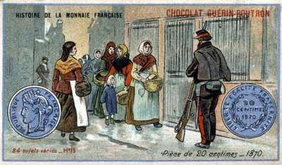 Série Historie francouzské měny nakladatelství Chocolat Guérin Boutron. Chromolitografie 19. století. 20 centimová mince v roce 1870 od Unknown artist
