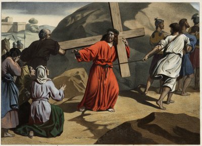 Vyšplhala na Kalvárii: Ježíš nesl svůj kříž a utěšoval jeruzalémské dcery. Anonymní rytina z poloviny 19. století. od Unknown artist