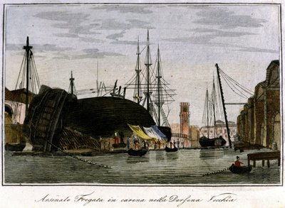 Loď sestřelena v trupu. Benátská fregata, jejíž trup je v arzenálu opravován. Rytina 19. století. od Unknown artist