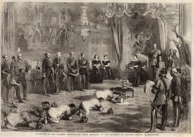 Siamští velvyslanci se během návštěvy hradu Windsor doplazili ke královně Viktorii Iere (1819-1901) a princi Albertovi (1819-1861). Rytina do „“ The Ilustrated London News““ z 5. prosince 1857. od Unknown artist