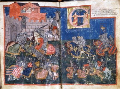 Obléhání Pamplony ve Španělsku miniaturou Karla Velikého z „Entree of Spain““. Benátky 14. století, Biblioteca Marciana. od Unknown artist