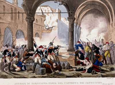 Obležení Zaragozy (Zaragoza) a kapucínského kláštera v roce 1808. Barevná dobová rytina. Milán od Unknown artist