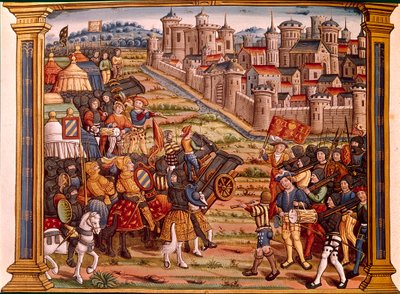 Obléhání města bombami: Ludvík XI. proti Liegeois. Miniatura přebírá z rukopisu „Les epitaphes des feux Kings Louis XIth tohoto jména a od Karla, jeho syna VIII tohoto jména, že bůh absoe““ od Unknown artist