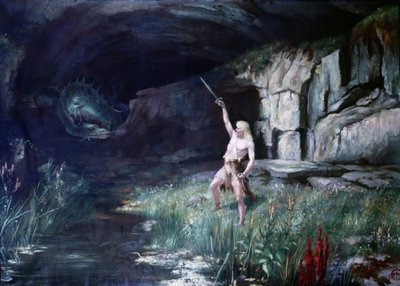 Siegfried čelem k draku Fafnerovi zamával mečem. Scéna opery „Prsten Nibelungův““ Richarda Wagnera (1813 - 1883). Malování. od Unknown artist