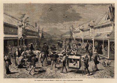 Obchody s hedvábím v Mitsoui, Yedo (nebo Edo, dnešní Tokio), živé a v pozadí silueta hory Fuji. Rytina k ilustraci plavby do Japonska v letech 1863-1864 od Aime Humberta, ministra Švýcarské konfederace, v „Le tour du monde, nou od Unknown artist
