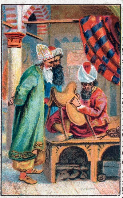 Sindibád dělá sedlo. Nádherná dobrodružství Sindibáda (Sindibáda) námořníka. Populární příběh 1001 nocí (tisíc a jedna noc). Chromolitografie konce 19. století. od Unknown artist