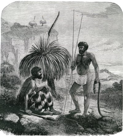 Lovci hadů v Austrálii. Rytina 1868 od Unknown artist