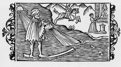 Čaroděj překračující moře pomocí loterie – v „Historie severních národů“ od Olause Magnuse, Řím 1555 od Unknown artist