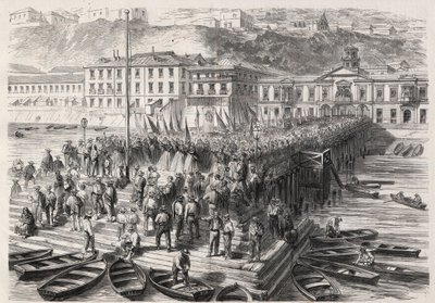Jihoamerická hispánská válka mezi Chile a Španělskem, září 1865: dámy z Valparaisa v přítomnosti španělské eskadry blokující přístav zpívají vlastenecké hymny – Engraving In „“The Illustrous World““ od Unknown artist