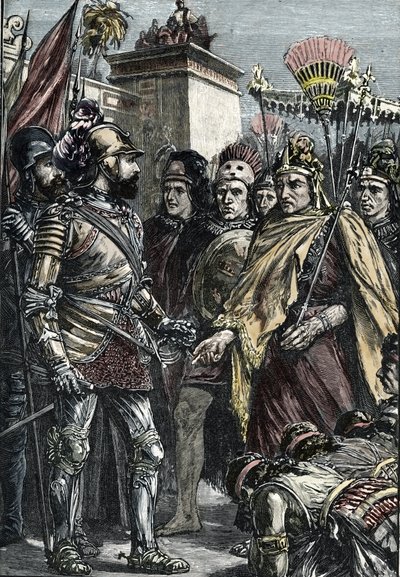 Španělské dobytí Mexika:setkání Hernana Cortése a Montezumy II. v roce 1519 od Unknown artist